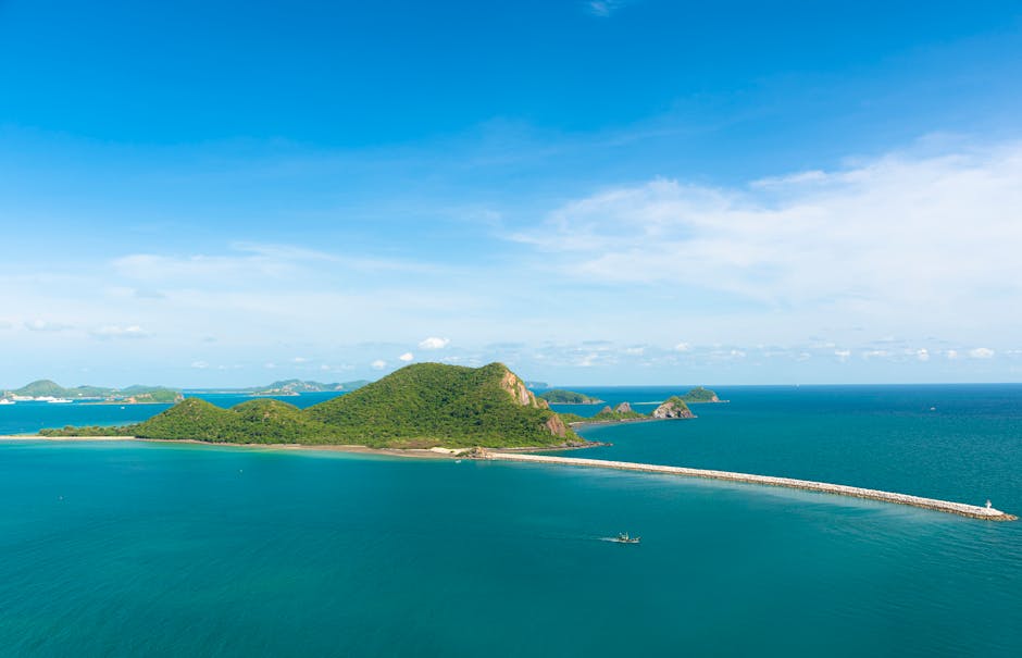 Aerial view of lush tropical island and turquoise ocean under clear sky