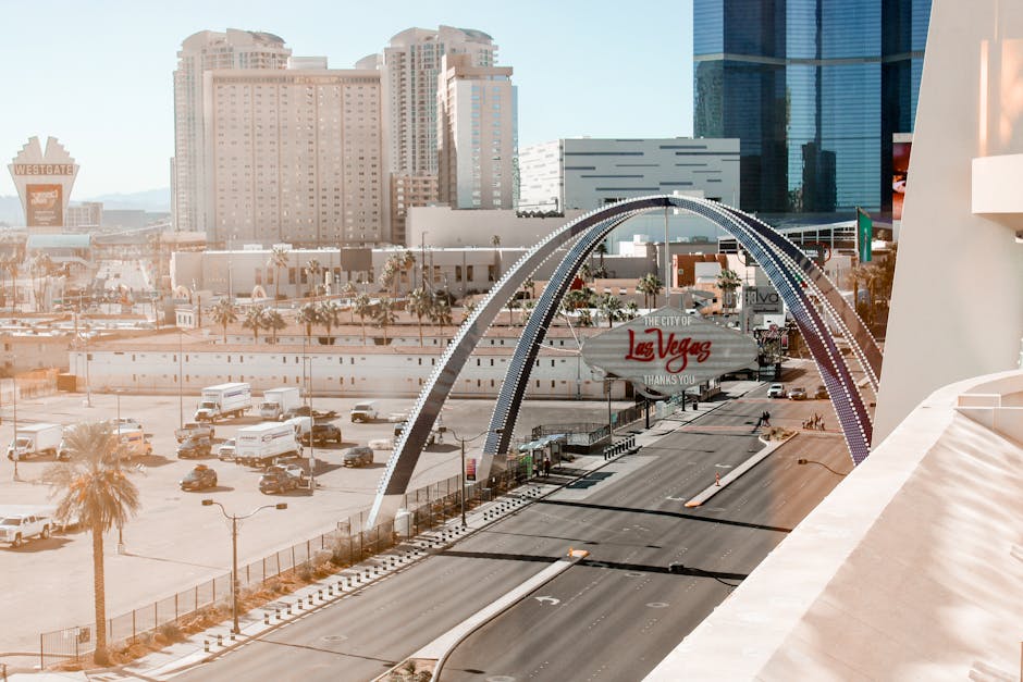 View of Las Vegas Boulevard featuring the iconic Las Vegas Welcome sign and cityscape